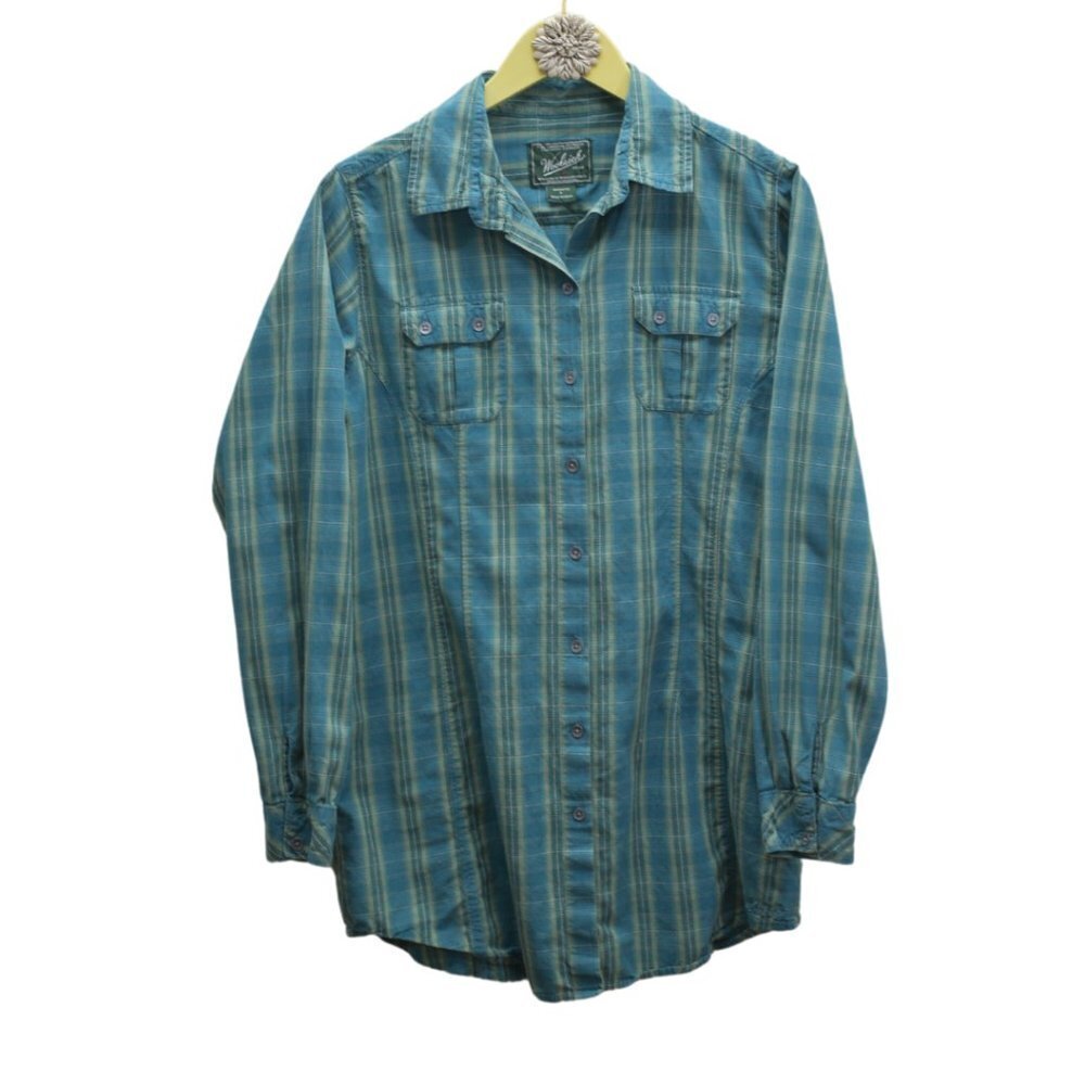 Woolrich Blue / Green Cotton Plaid Long Sleeve Button Up Tunic, size L
